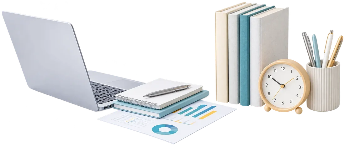 ノートパソコンや資料、書類が並ぶオフィスデスク